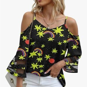 Cold-Shoulder Black Floral & Rainbow Print Womens Summer Top